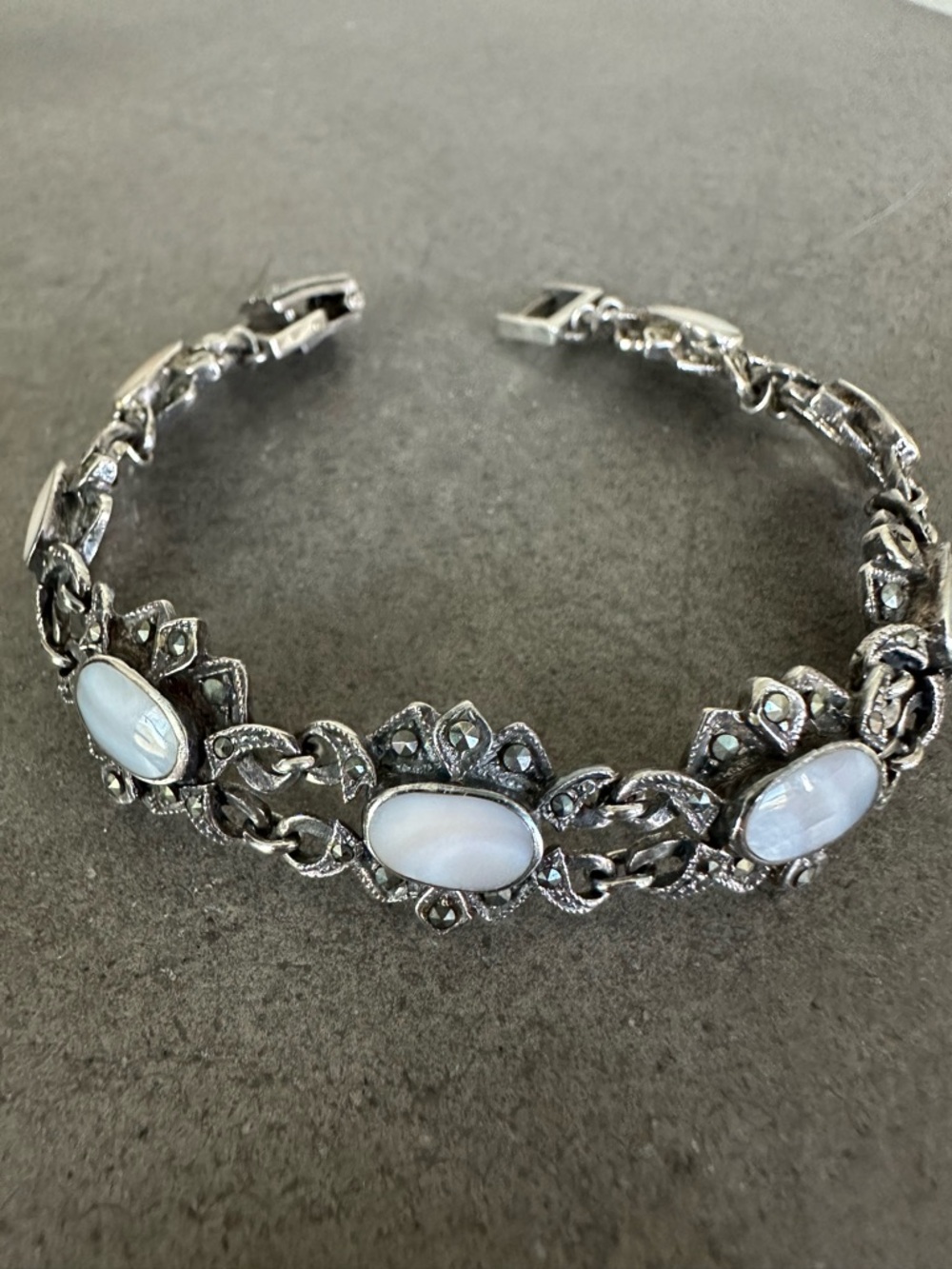 Vintage Sterling Silver Mother of Pearl and Marcasite Bracelet